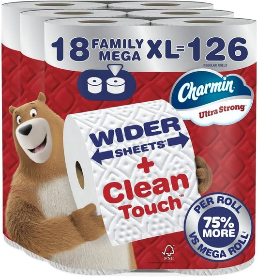 Charmin Ultra Strong Clean Touch Toilet Paper, 18 Family Mega XL Rolls = 126 Regular Rolls