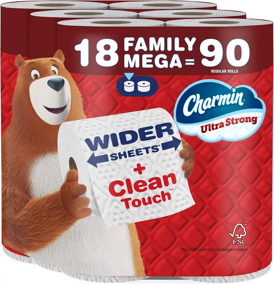 Charmin Ultra Strong Clean Touch 2-Ply Toilet Paper, 18 Family Mega Rolls = 90 Regular Rolls, White