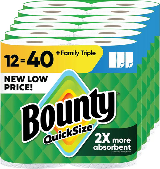 Bounty Quick-Size Paper Towels, White, 12 Family Triple = 40 Regular Rolls (Packaging May Vary)