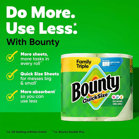 Bounty Quick-Size Paper Towels, White, 8 Family Triple Rolls = 27 Regular Rolls