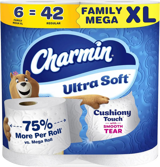 Charmin Ultra Soft Cushiony Touch Toilet Paper, 6 Family Mega XL Rolls = 42 Regular Rolls