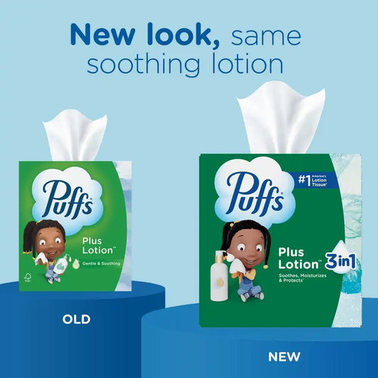 Puffs Facial Tissues Plus Lotion, 4 Mega Cube Boxes, 72 Facial Tissues per Box, Allergies and Colds (Packaging May Vary)