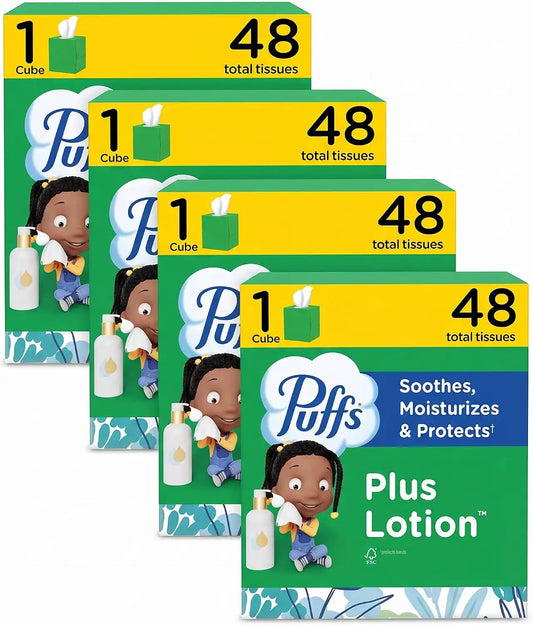 Puffs Plus Lotion Facial Tissue, 48 Tissues, Pack of 4 | Cube Box