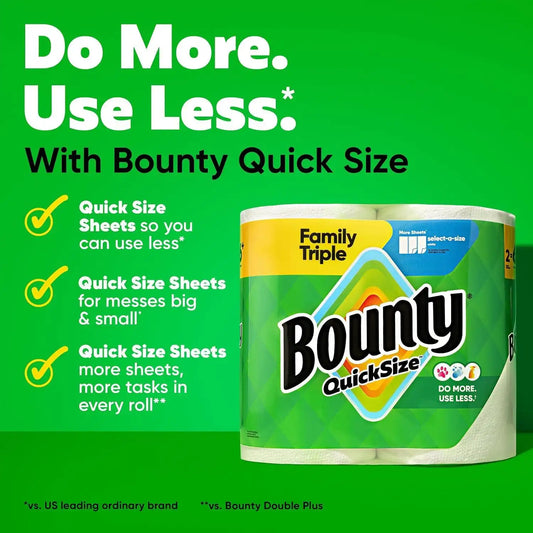 Bounty Quick-Size Paper Towels, White, 12 Family Triple = 40 Regular Rolls (Packaging May Vary)
