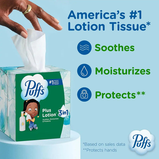Puffs Facial Tissue Plus Lotion, Mega Cube Box, 72 Tissues Per Box, 6 Count