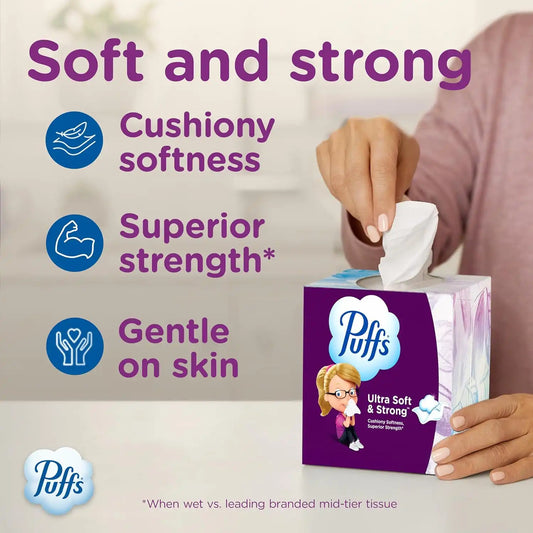 Puffs Facial Tissues Ultra Soft, 1 Rectangle Box, 124 Facial Tissues per Box, Allergies and Colds (Packaging May Vary)