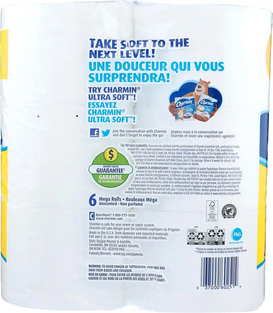Charmin, Essentials Soft 2-Ply Mega Toilet Paper, 352 Sheets Per Roll, Pack of 6 Rolls
