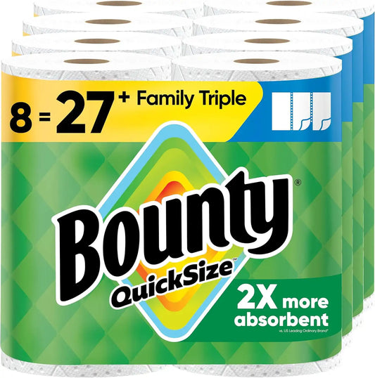 Bounty Quick-Size Paper Towels, White, 8 Family Triple Rolls = 27 Regular Rolls