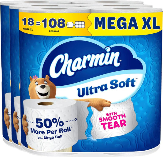 Charmin Ultra Soft Toilet Paper, 18 Mega XL Rolls = 108 Regular Rolls