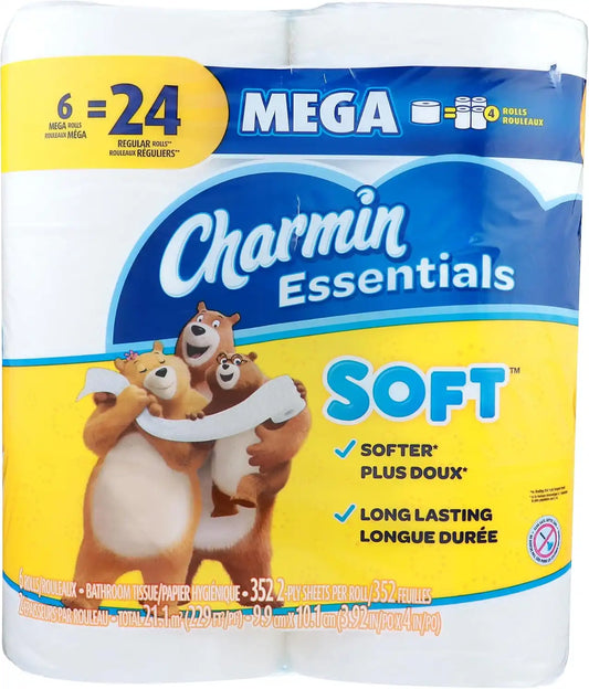 Charmin, Essentials Soft 2-Ply Mega Toilet Paper, 352 Sheets Per Roll, Pack of 6 Rolls